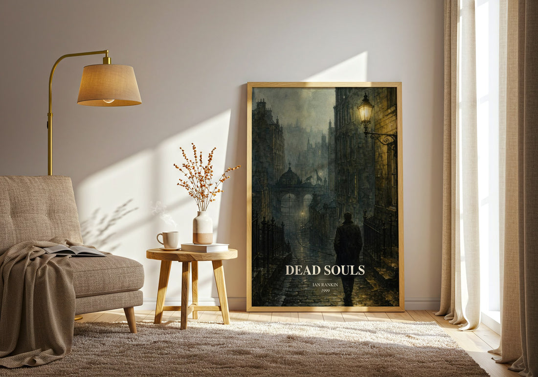 Dead Souls watercolour print in frame leaning in hallway – crime wall art (mockup)