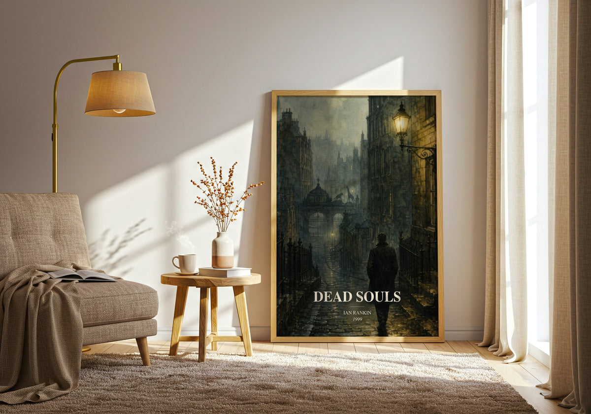 Dead Souls watercolour print in frame leaning in hallway – crime wall art (mockup)
