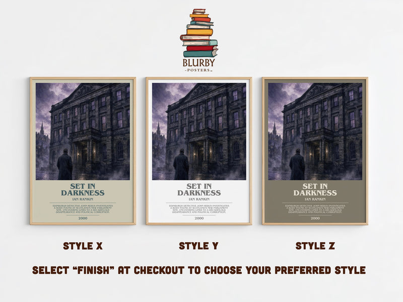 Set in Darkness bookish print in frame leaning in hallway – crime wall art