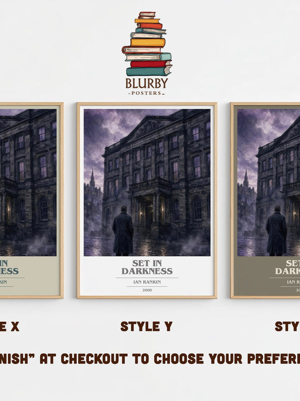 Set in Darkness book cover print in frame leaning in hallway – crime wall art