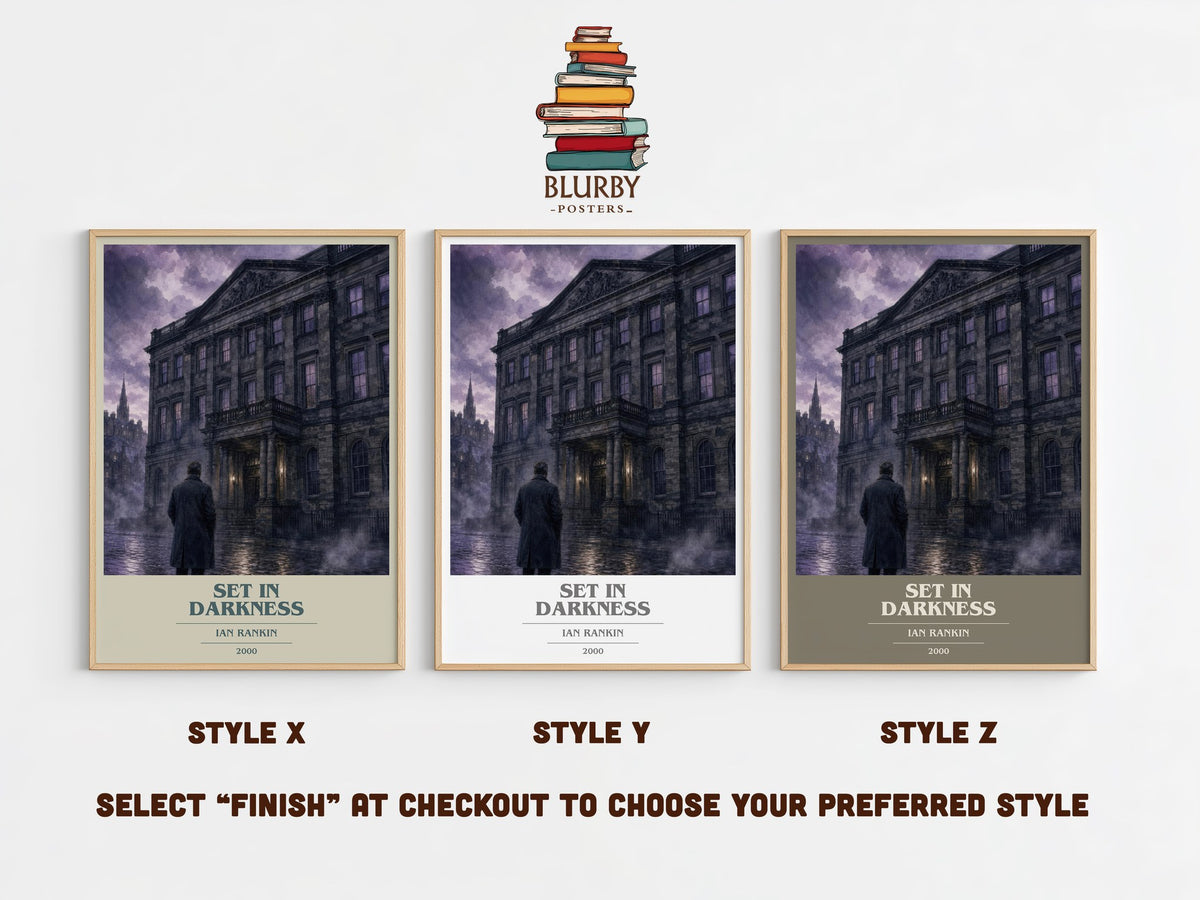 Set in Darkness book cover print in frame leaning in hallway – crime wall art (mockup)