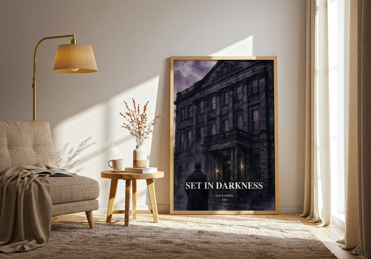 Set in Darkness watercolour print in frame leaning in hallway – crime wall art (mockup)