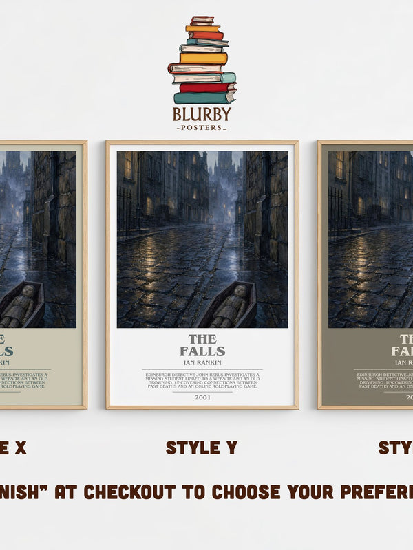 The Falls bookish print in frame leaning in hallway – crime wall art