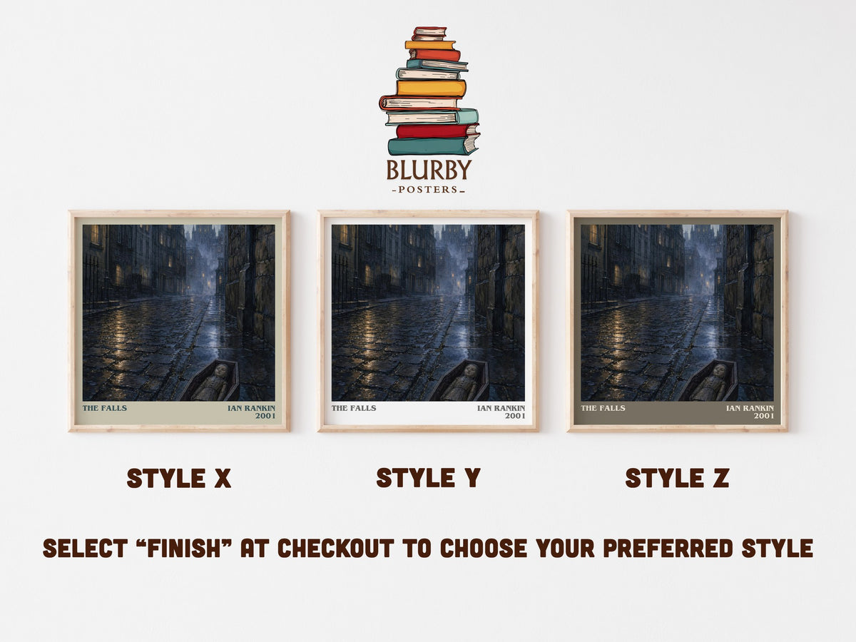 The Falls literary print in frame leaning in hallway – crime wall art (mockup)