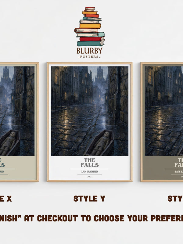 The Falls book cover print in frame leaning in hallway – crime wall art