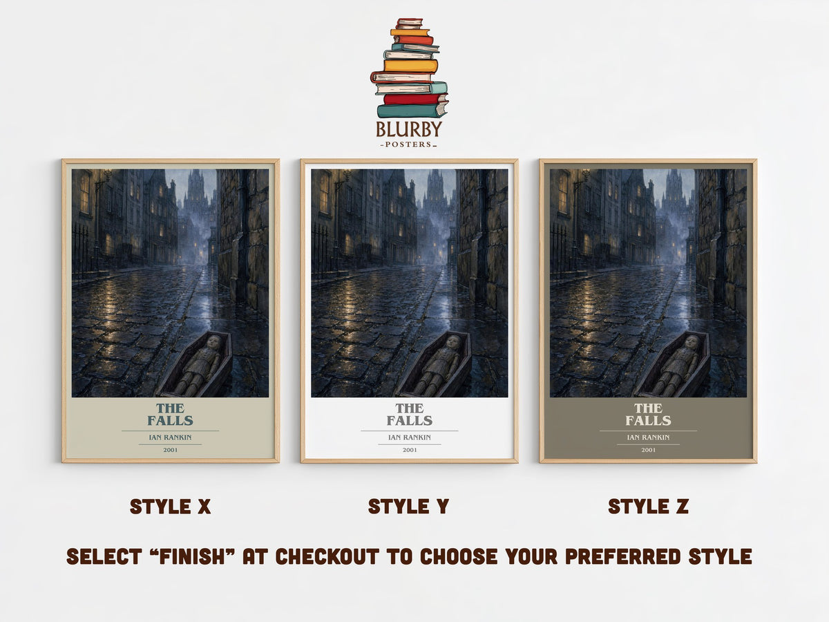 The Falls book cover print in frame leaning in hallway – crime wall art (mockup)