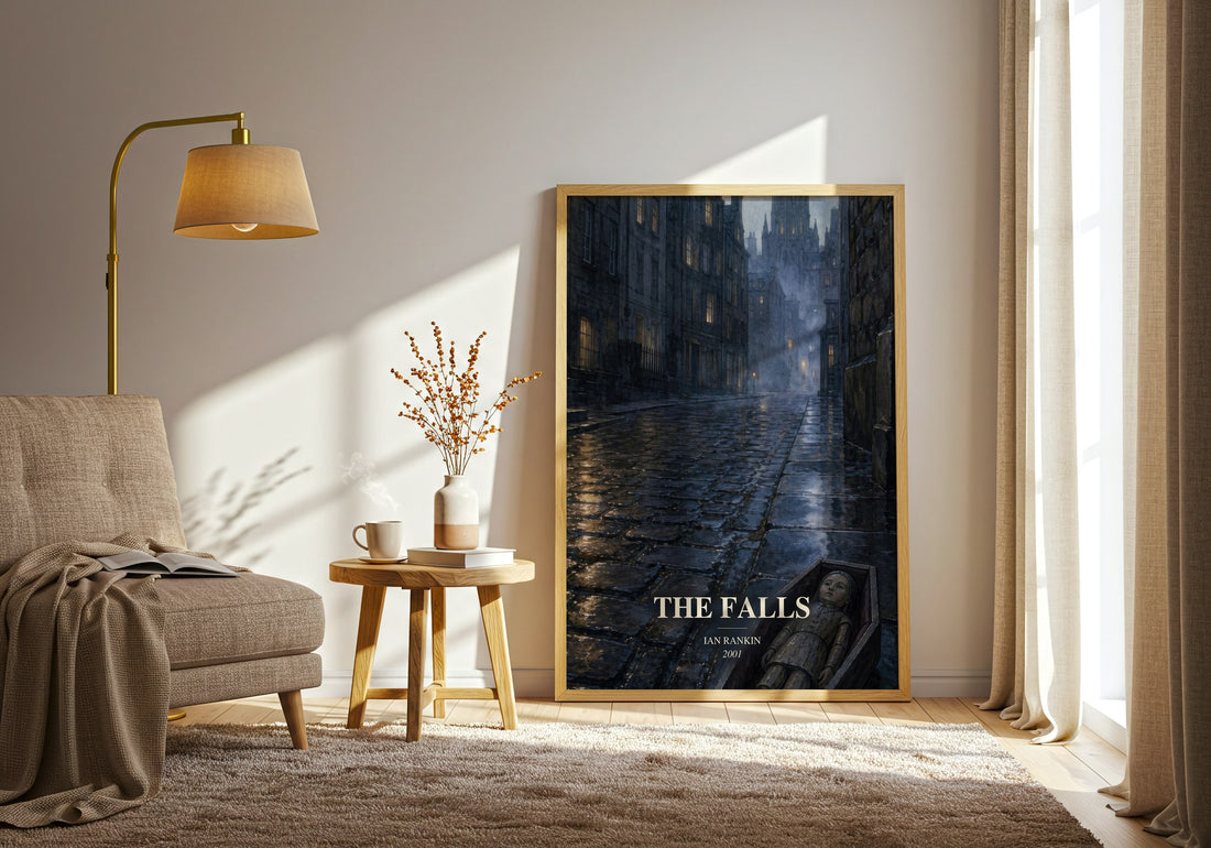 The Falls watercolour print in frame leaning in hallway – crime wall art (mockup)