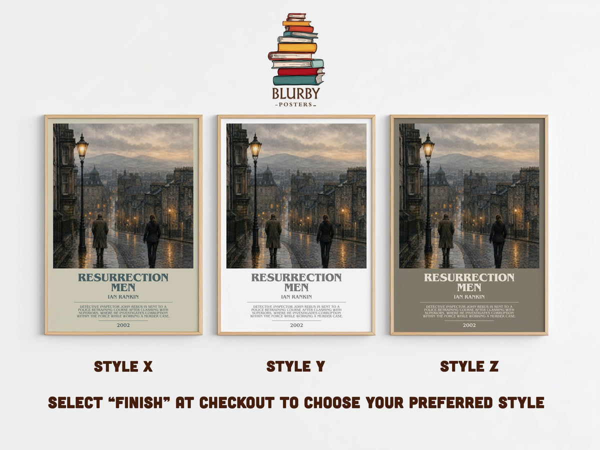 Resurrection Men bookish print in frame leaning in hallway – crime wall art (mockup)