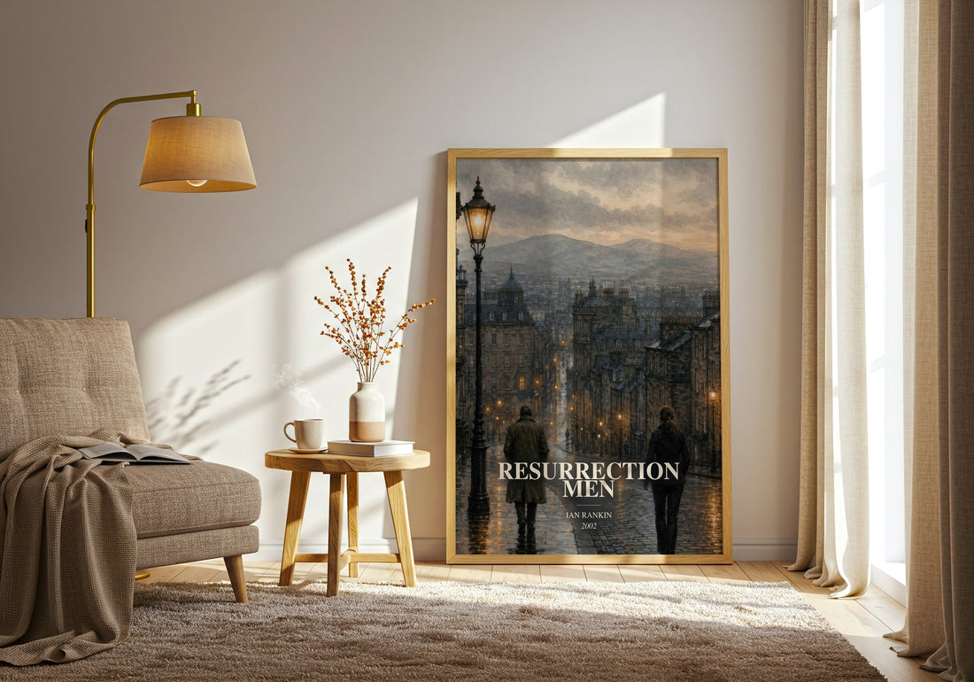 Resurrection Men watercolour print in frame leaning in hallway – crime wall art (mockup)