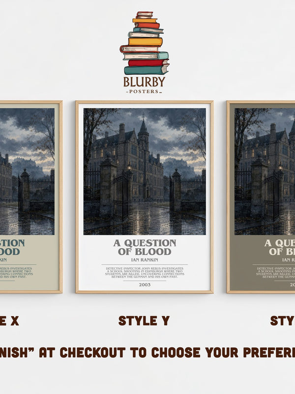 A Question of Blood bookish print in frame leaning in hallway – crime wall art