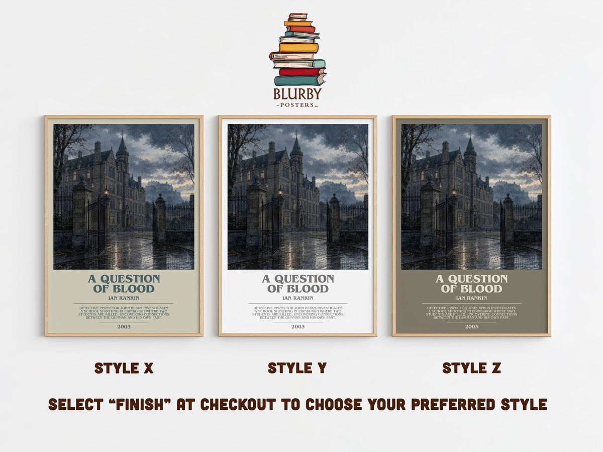A Question of Blood bookish print in frame leaning in hallway – crime wall art (mockup)