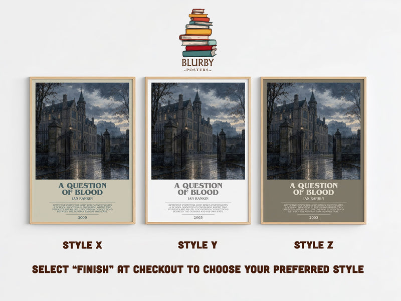 A Question of Blood bookish print in frame leaning in hallway – crime wall art