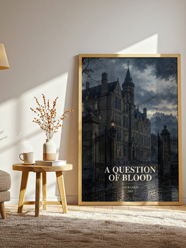 A Question of Blood watercolour print in frame leaning in hallway – crime wall art
