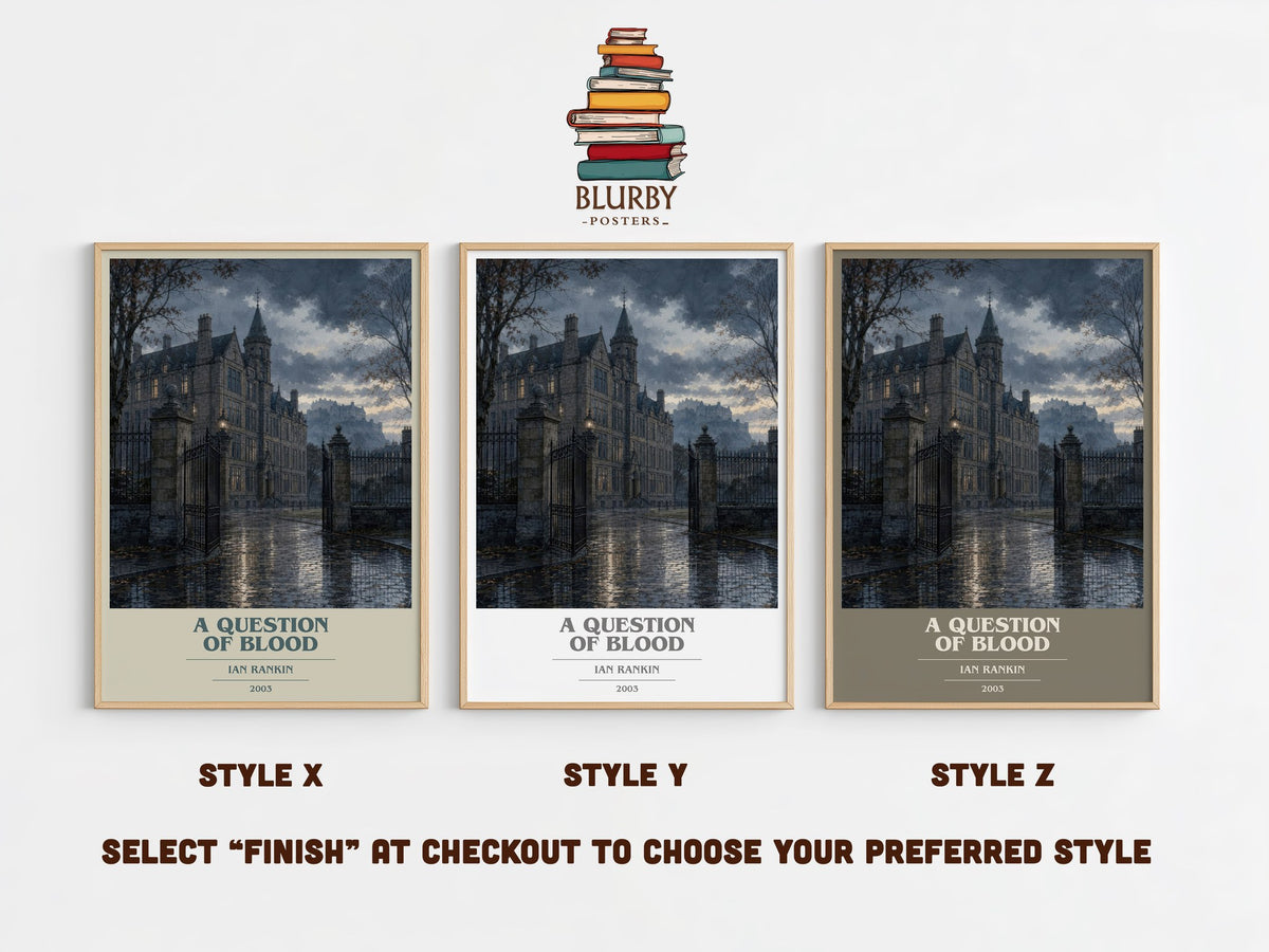 A Question of Blood book cover print in frame leaning in hallway – crime wall art (mockup)