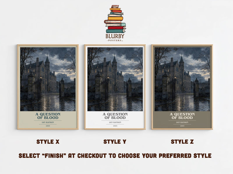 A Question of Blood book cover print in frame leaning in hallway – crime wall art