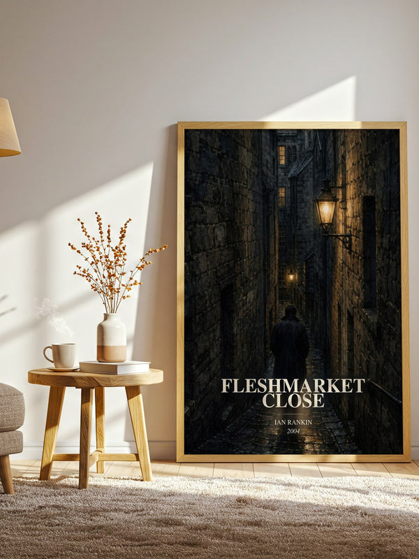 Fleshmarket Close watercolour print in frame leaning in hallway – crime wall art