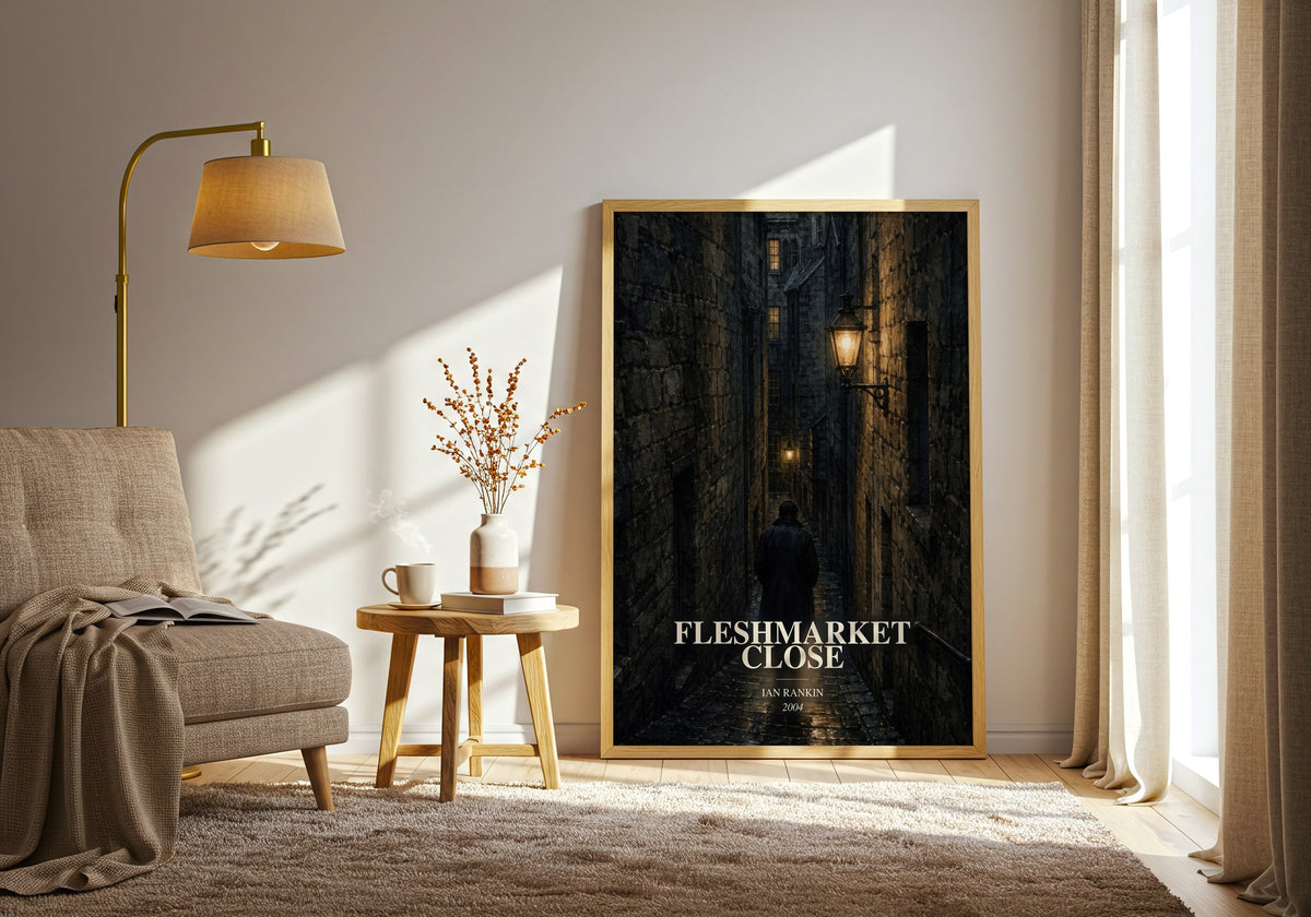 Fleshmarket Close watercolour print in frame leaning in hallway – crime wall art (mockup)