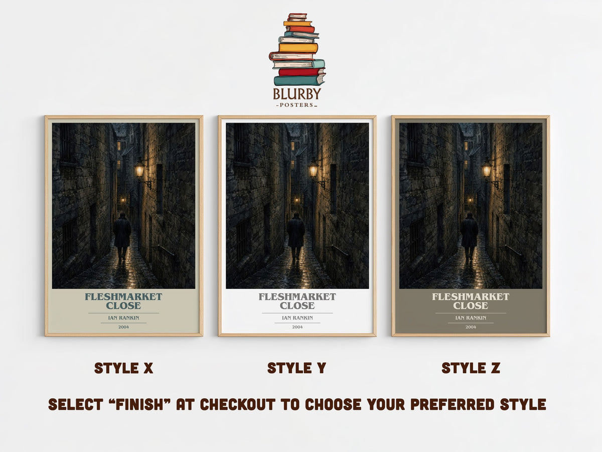 Fleshmarket Close book cover print in frame leaning in hallway – crime wall art (mockup)