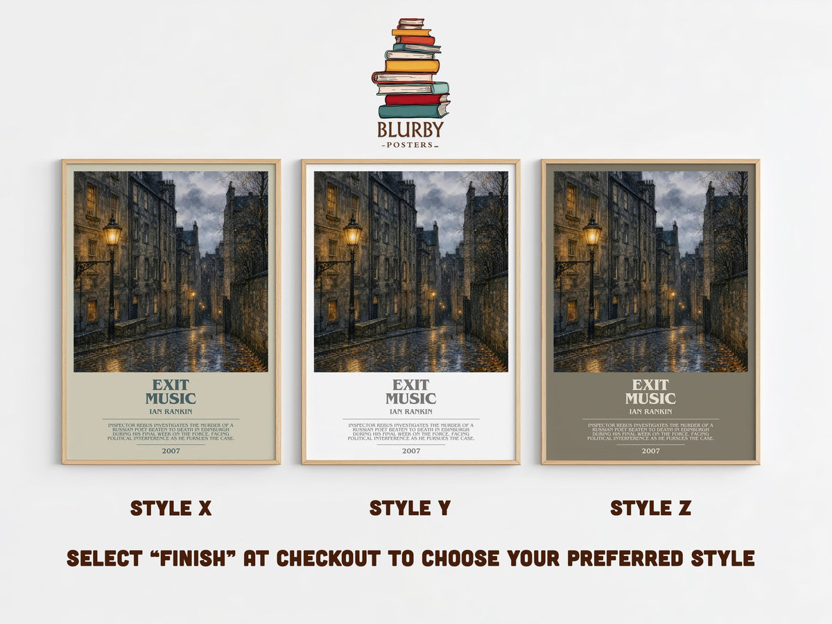 Exit Music bookish print in frame leaning in hallway – crime wall art (mockup)