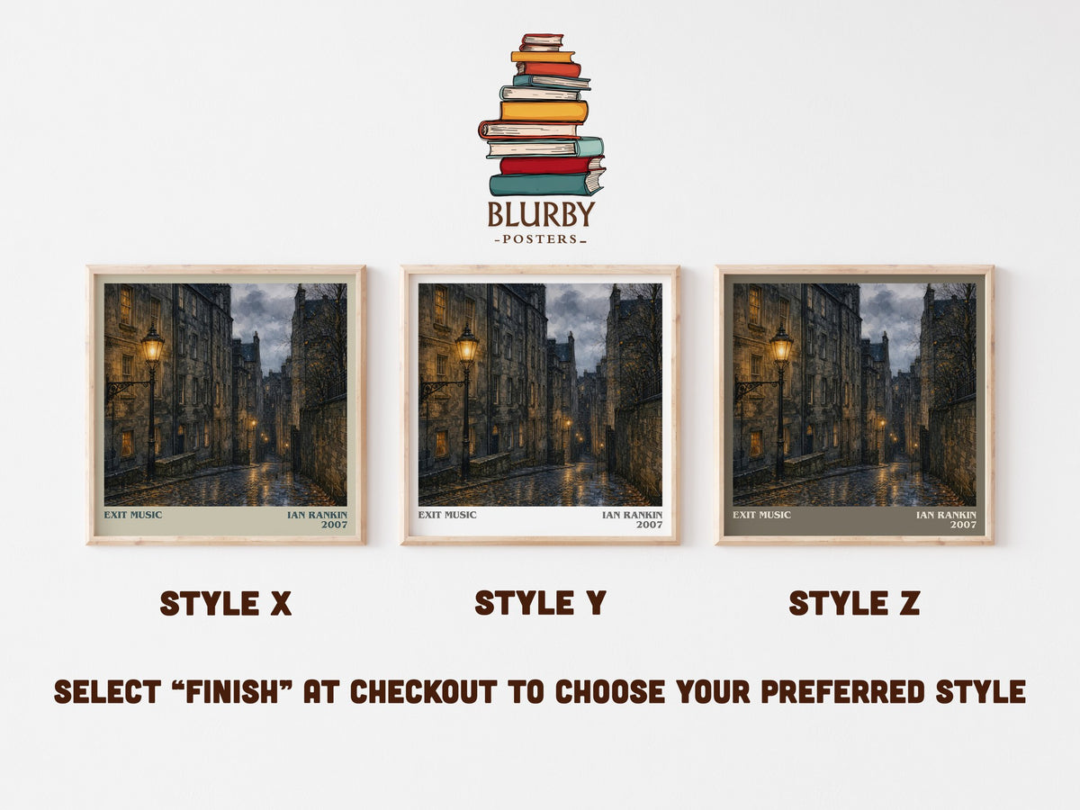 Exit Music literary print in frame leaning in hallway – crime wall art (mockup)