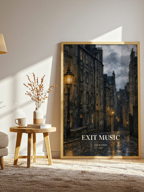 Exit Music watercolour print in frame leaning in hallway – crime wall art