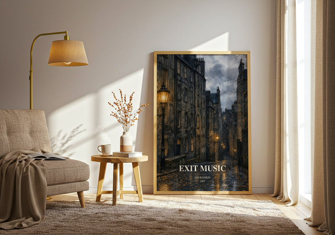 Exit Music watercolour print in frame leaning in hallway – crime wall art (mockup)
