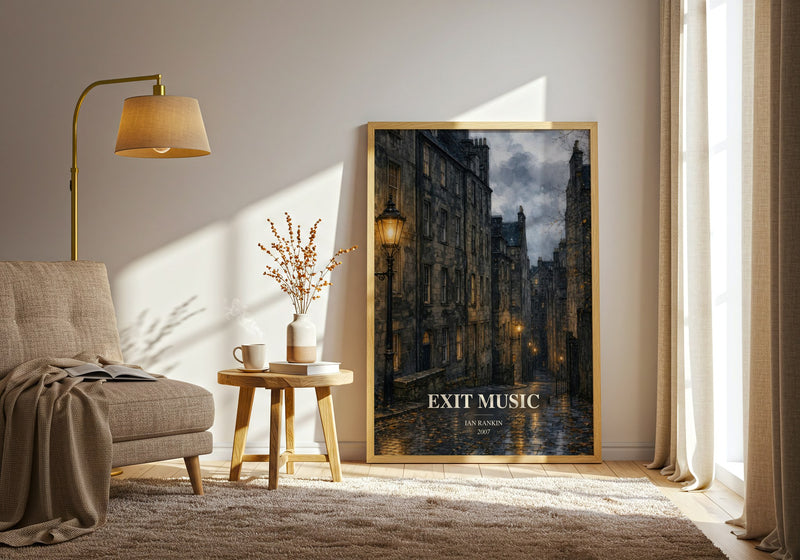Exit Music watercolour print in frame leaning in hallway – crime wall art