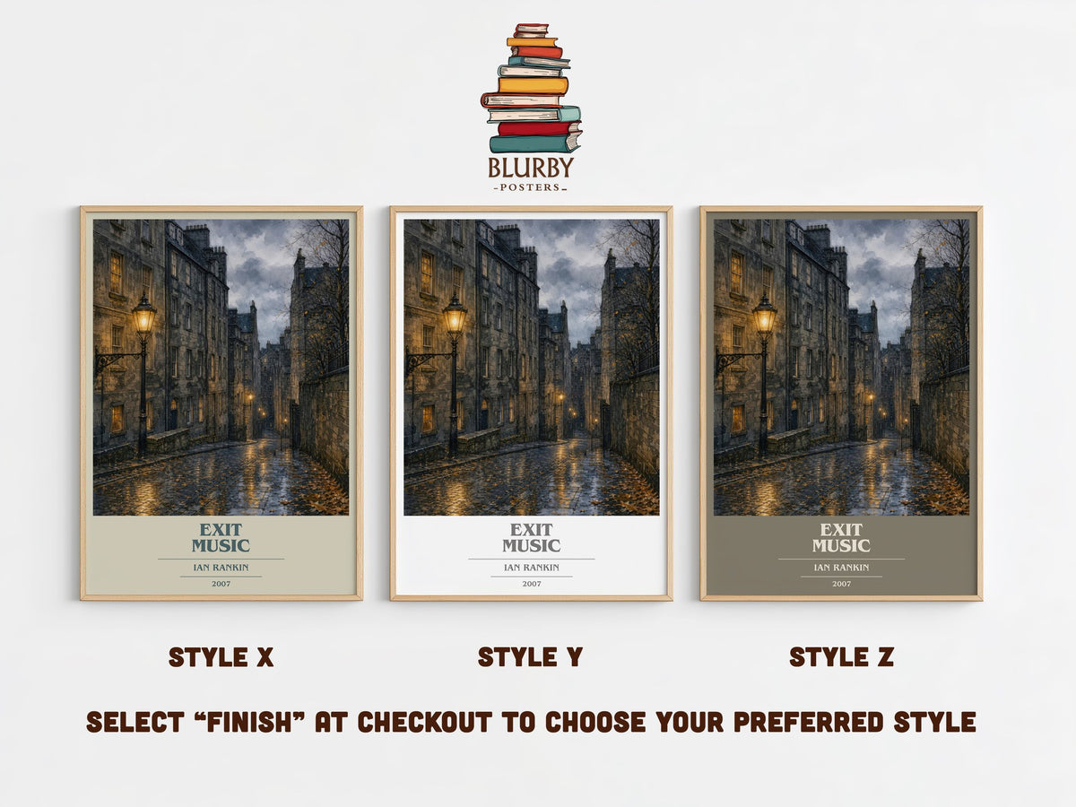 Exit Music book cover print in frame leaning in hallway – crime wall art (mockup)