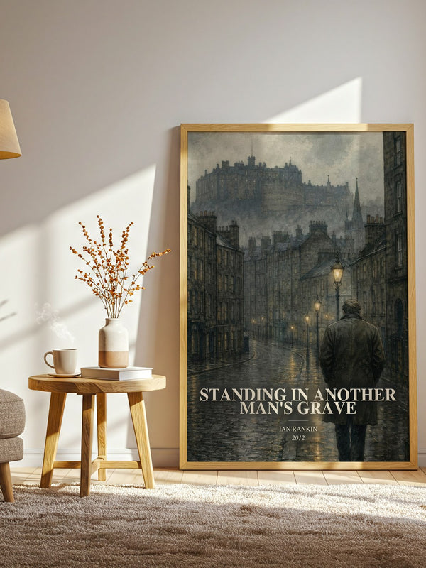 Standing in Another Man's Grave watercolour print in frame leaning in hallway – crime wall art