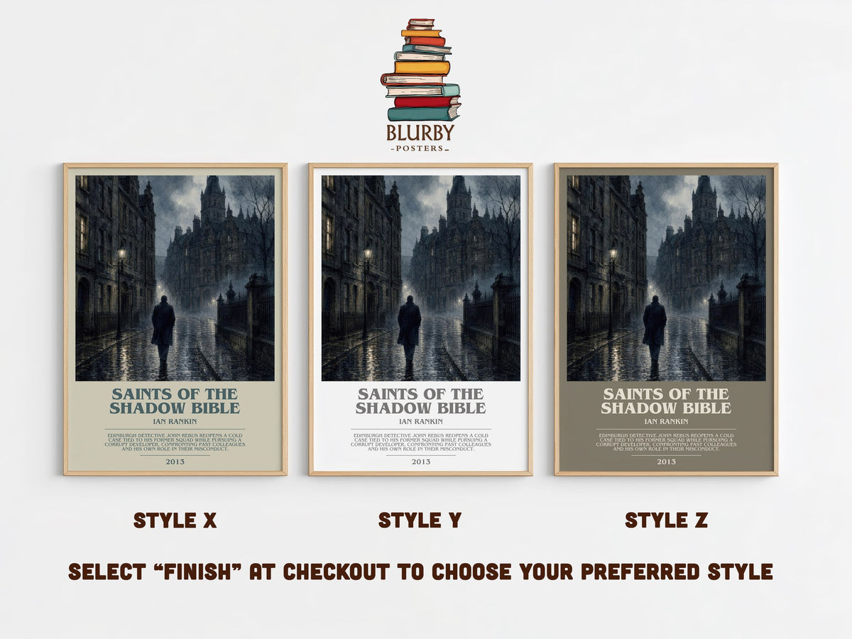 Saints of the Shadow Bible bookish print in frame leaning in hallway – crime wall art (mockup)