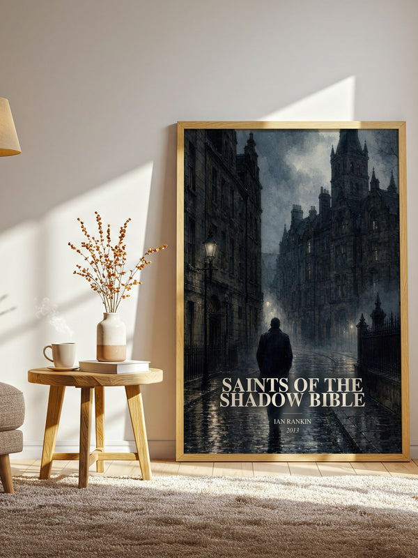 Saints of the Shadow Bible watercolour print in frame leaning in hallway – crime wall art