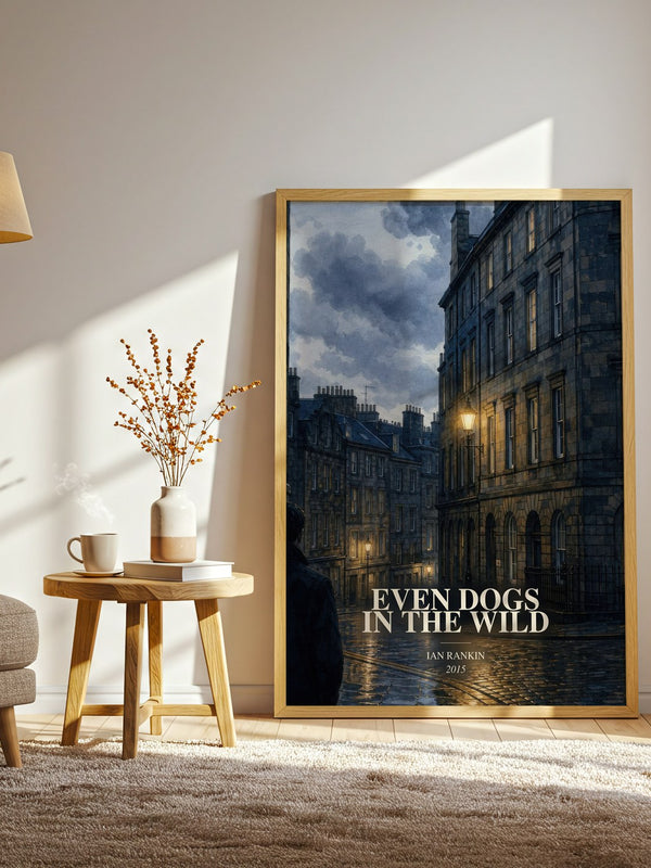 Even Dogs in the Wild watercolour print in frame leaning in hallway – crime wall art