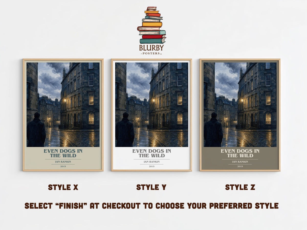 Even Dogs in the Wild book cover print in frame leaning in hallway – crime wall art (mockup)