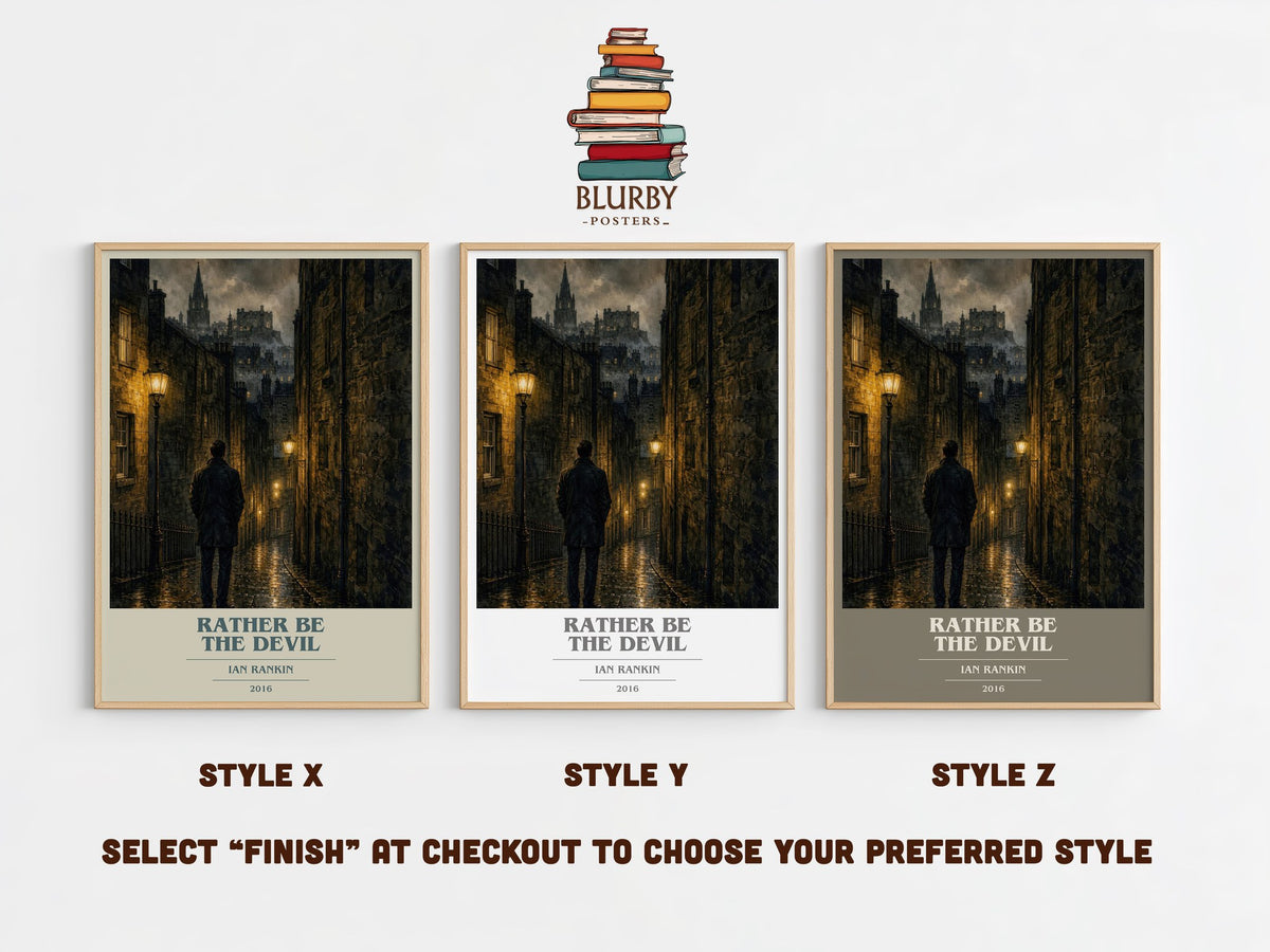 Rather Be the Devil book cover print in frame leaning in hallway – crime wall art (mockup)