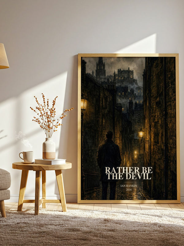 Rather Be the Devil watercolour print in frame leaning in hallway – crime wall art