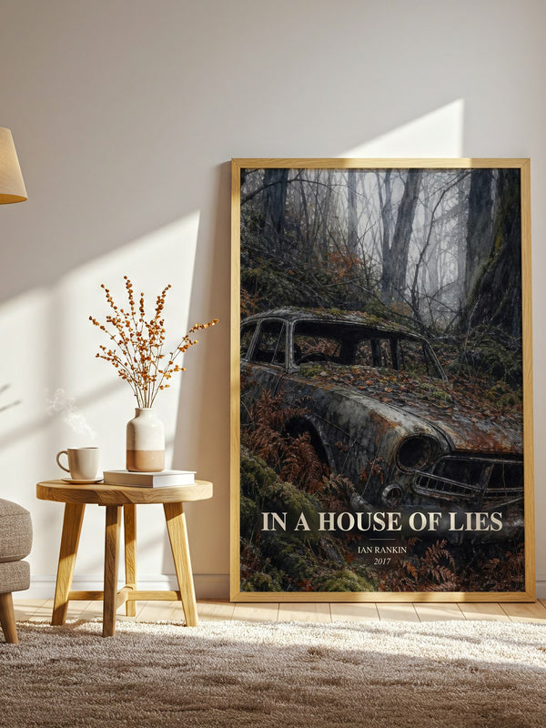 In a House of Lies watercolour print in frame leaning in hallway – crime wall art