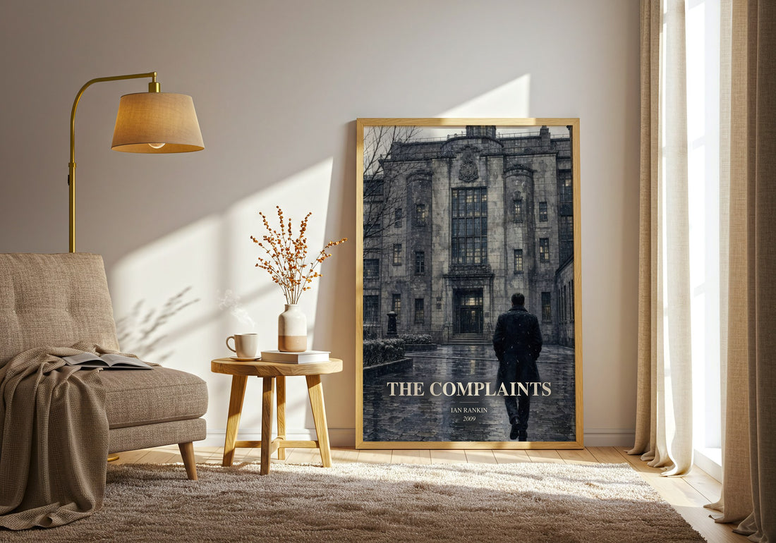 The Complaints watercolour print in frame leaning in hallway – crime wall art (mockup)