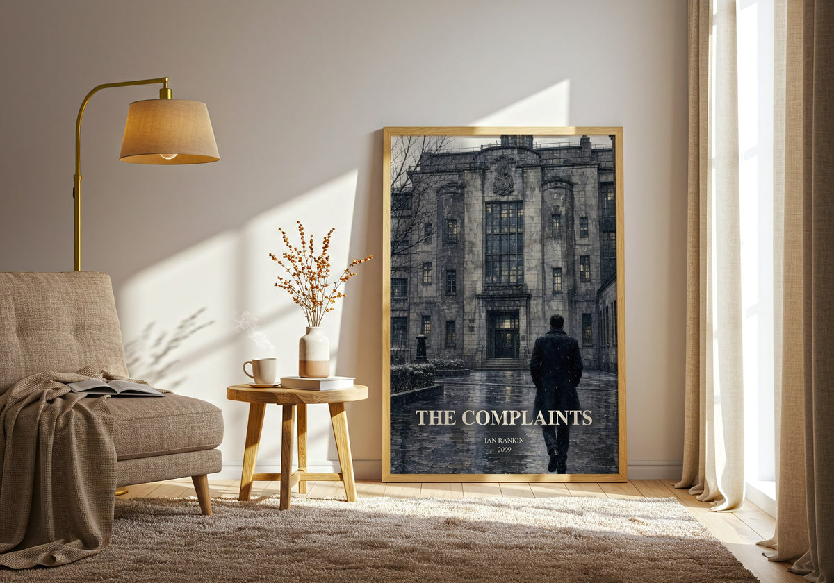 The Complaints watercolour print in frame leaning in hallway – crime wall art (mockup)