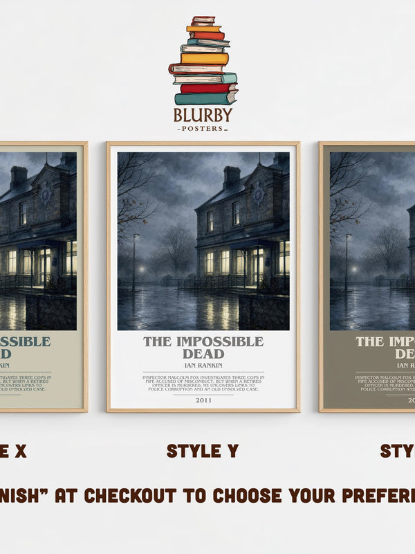 The Impossible Dead bookish print in frame leaning in hallway – crime wall art