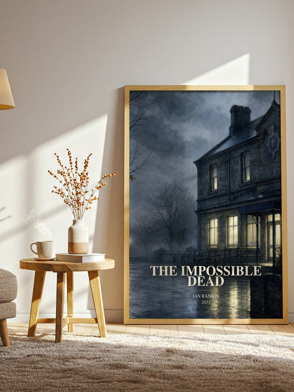 The Impossible Dead watercolour print in frame leaning in hallway – crime wall art
