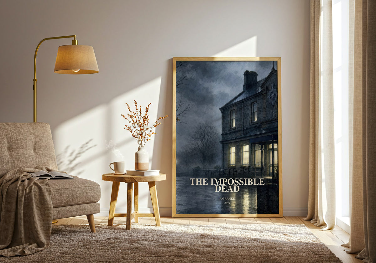 The Impossible Dead watercolour print in frame leaning in hallway – crime wall art (mockup)