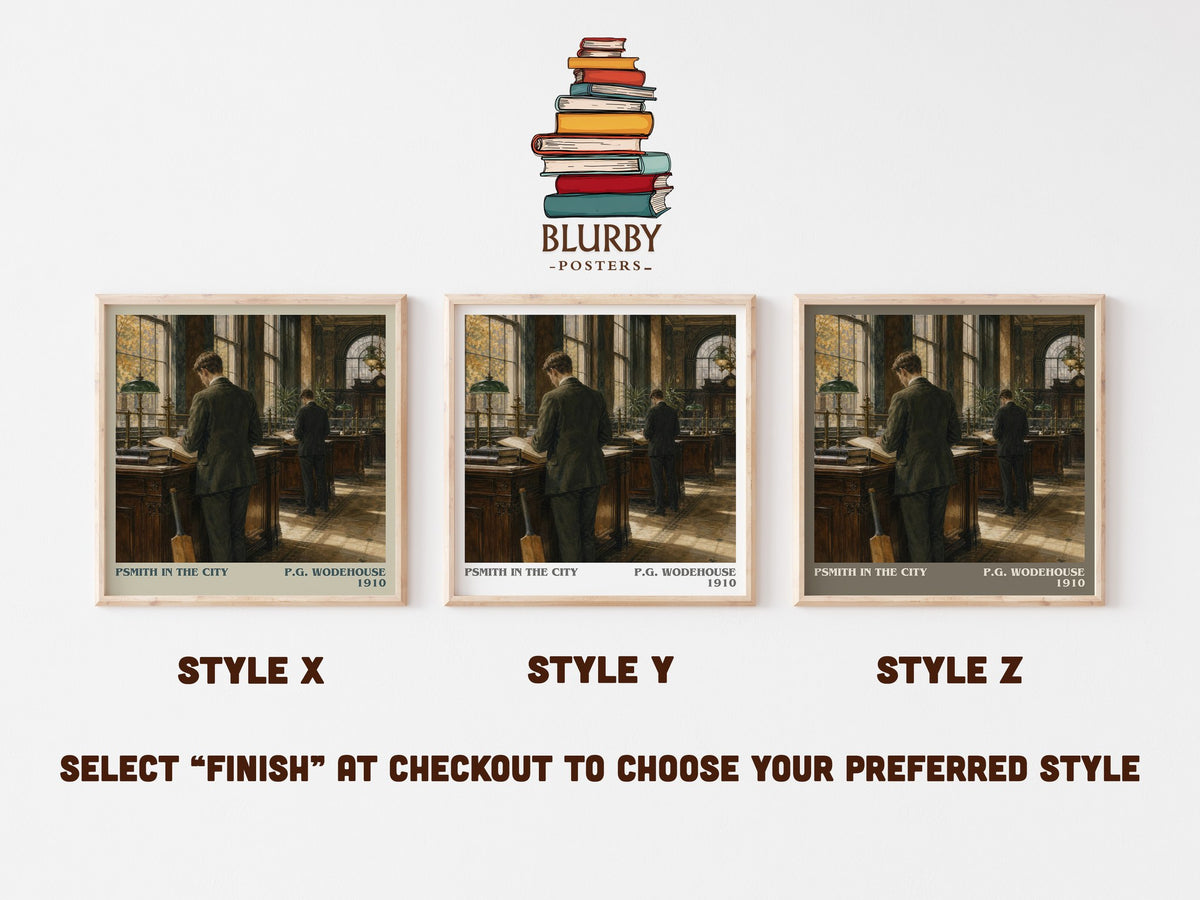 Psmith in the City literary print in frame leaning in hallway – satire wall art (mockup)