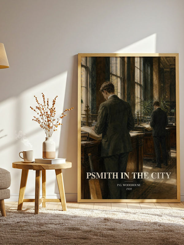 Psmith in the City watercolour print in frame leaning in hallway – satire wall art