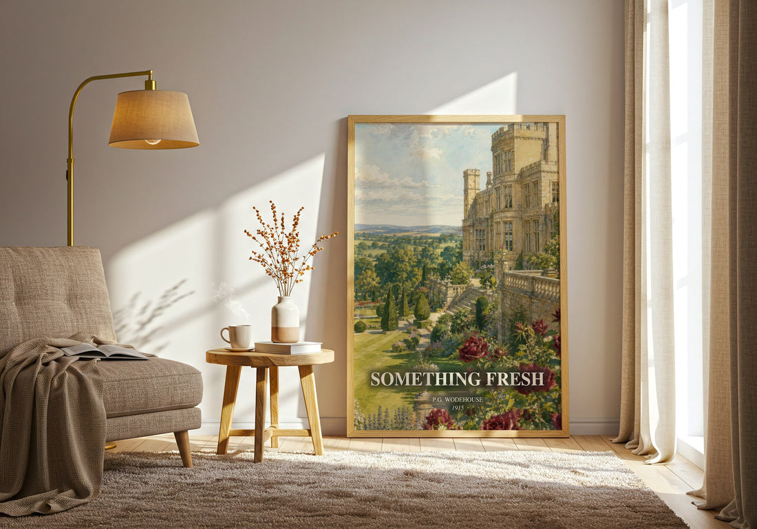Something Fresh watercolour print in frame leaning in hallway – classic literature wall art (mockup)