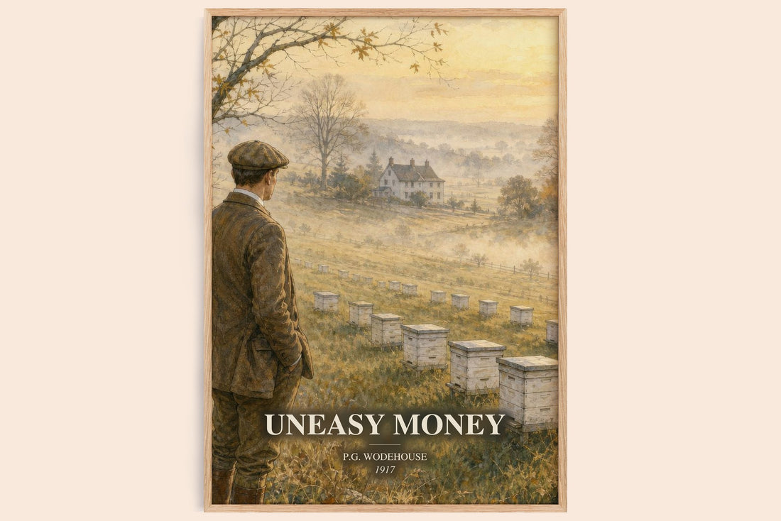 Uneasy Money watercolour book poster by P.G. Wodehouse – framed literary art print