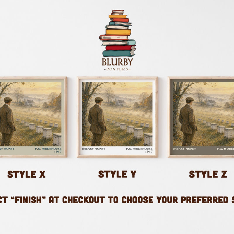 Uneasy Money literary print in frame leaning in hallway – satire wall art