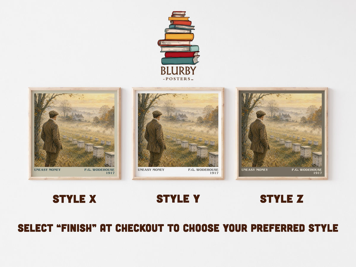 Uneasy Money literary print in frame leaning in hallway – satire wall art (mockup)