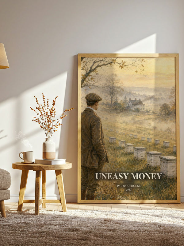 Uneasy Money watercolour print in frame leaning in hallway – satire wall art