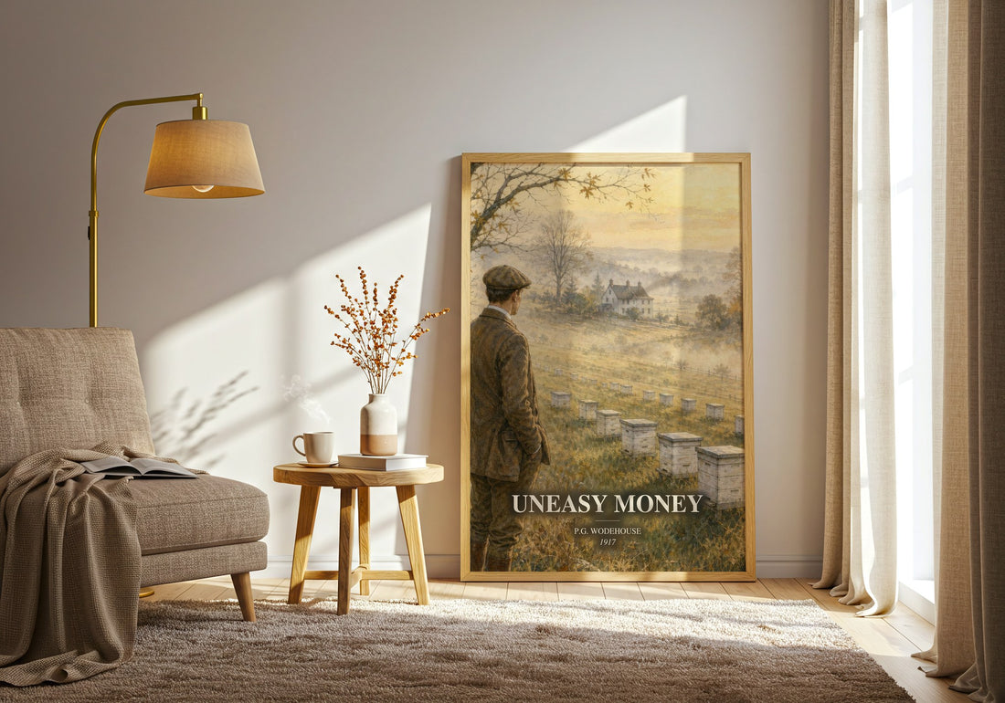 Uneasy Money watercolour print in frame leaning in hallway – satire wall art (mockup)
