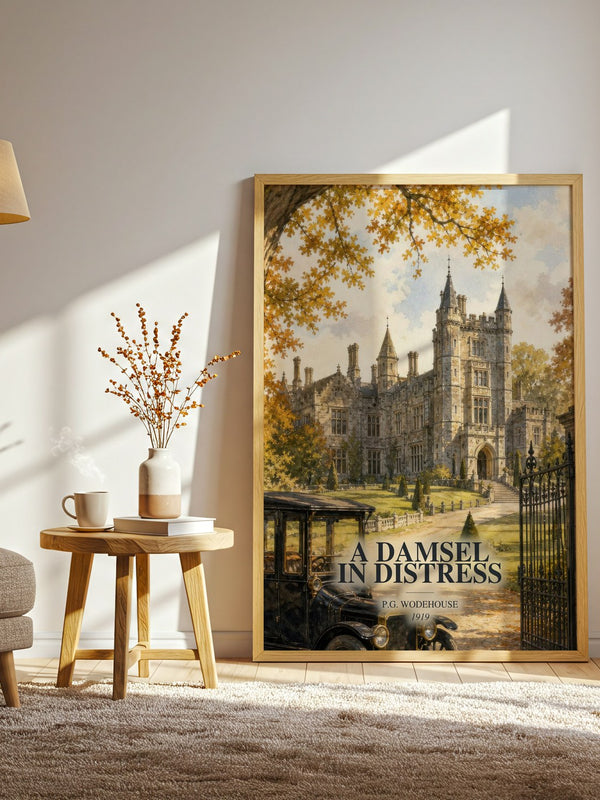 A Damsel in Distress watercolour print in frame leaning in hallway – classic literature wall art